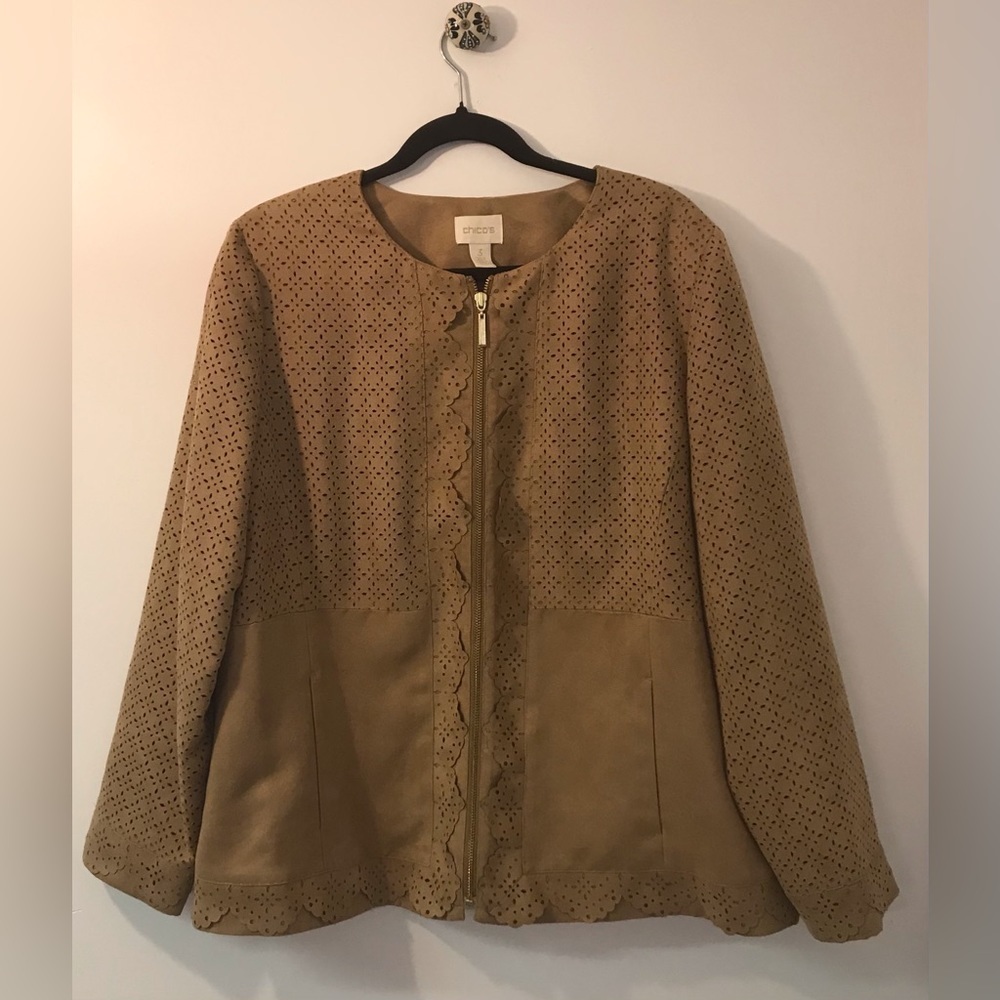 Chico’s Faux Suede Scalloped Jacket Tan Women’s size 3 - Picture 2 of 8